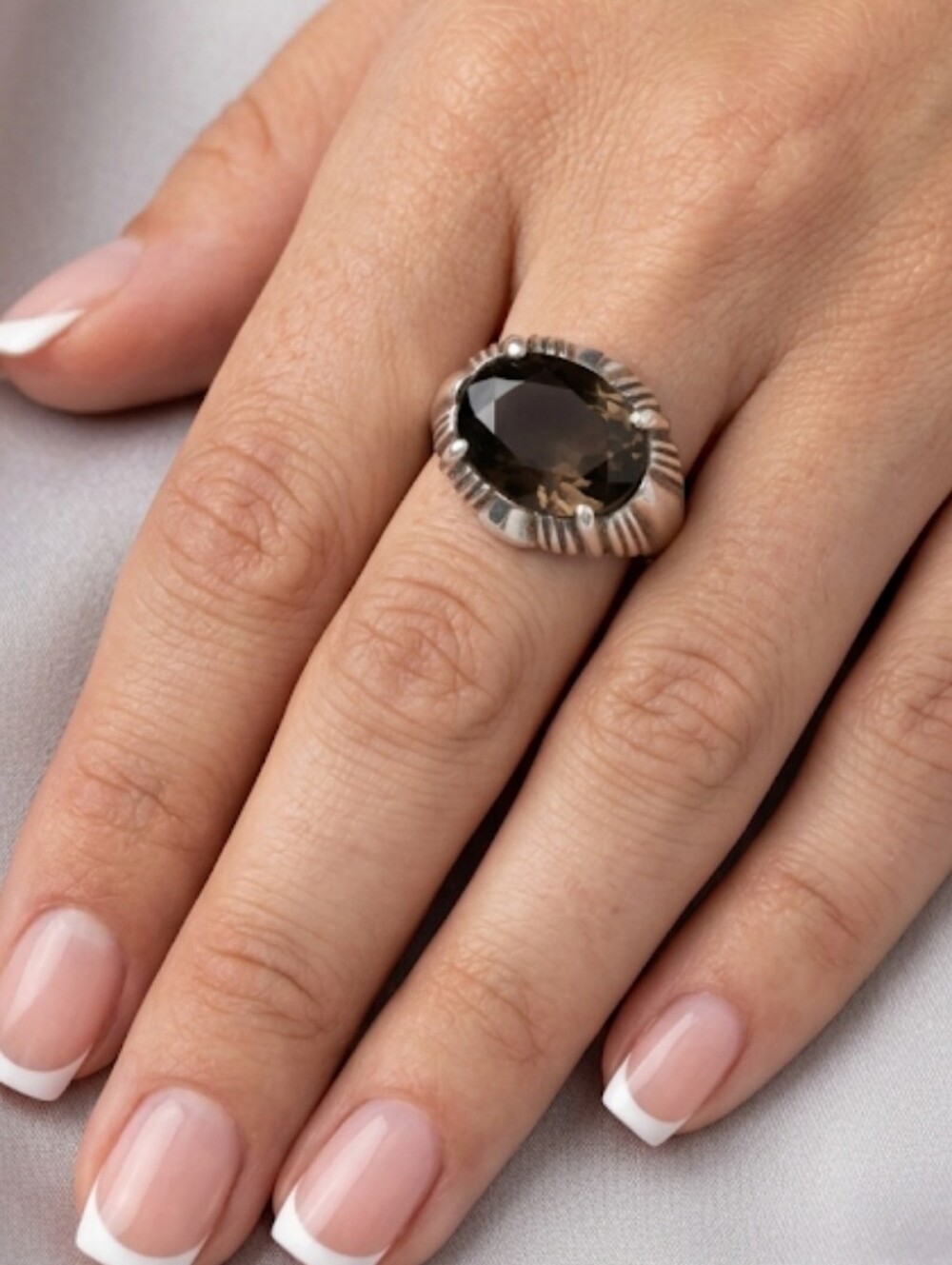 925 Sterling Silver Vintage Kabana Smoky Topaz Statement Ring Size 8